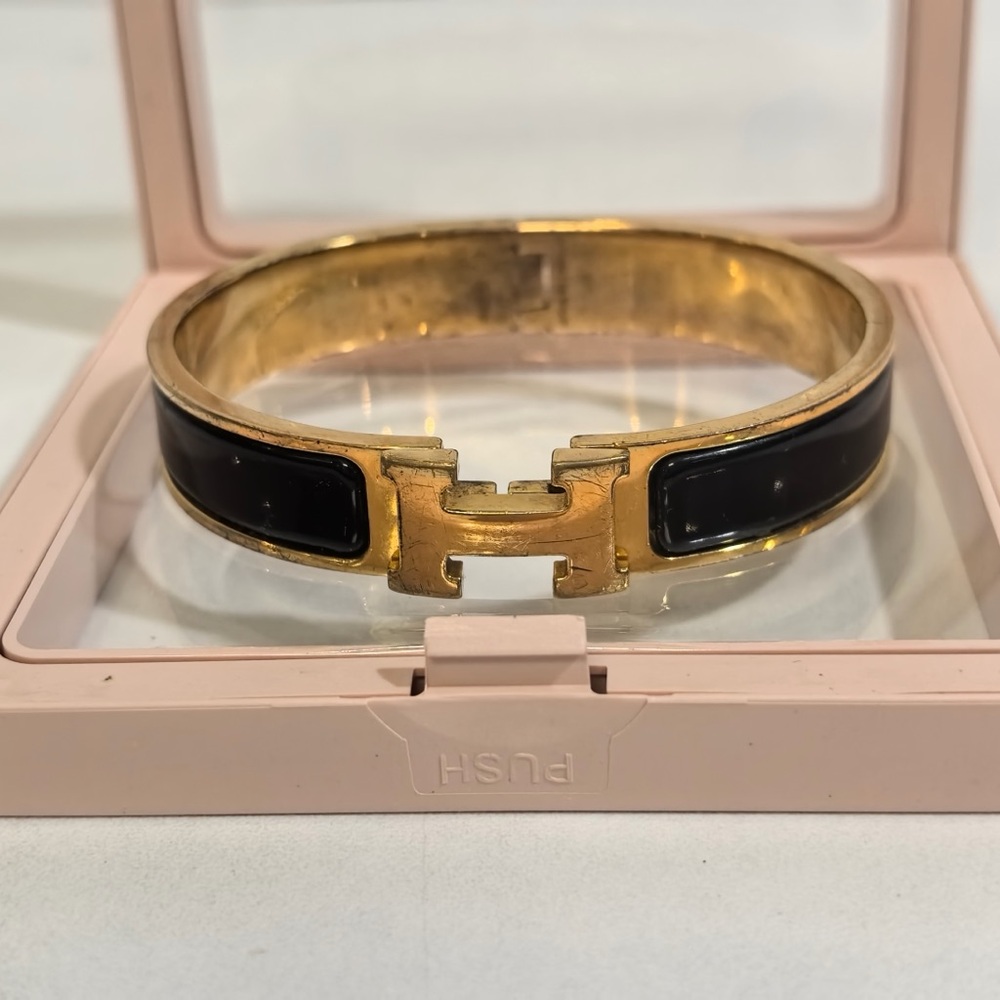 Hermes Gold and Black Enamel H Cuff Bracelet